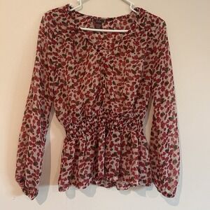 Vtg Red Floral Y2K Blouse Sz S Sheer Coquette Ruched Waist Balloon Sleeve
